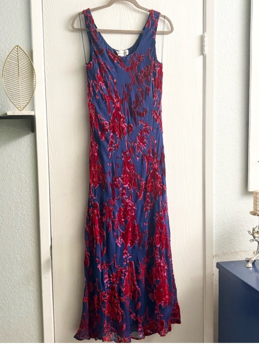 Bloomingdale's Silk Blend Blue & Red Floral Burnout Sleeveless Maxi Dress Sz 14